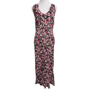Y2K Bias Cut Slip Dress L Pink Black Rose Floral Leopard Print Fairy Ruffle Boho